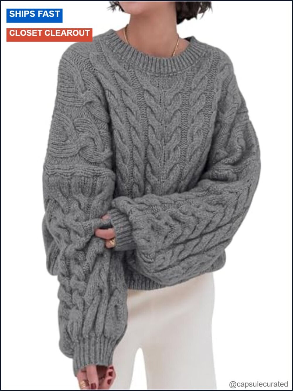 Oversized Cable Knit Chunky Pullover Sweater Crewneck Long Sleeve